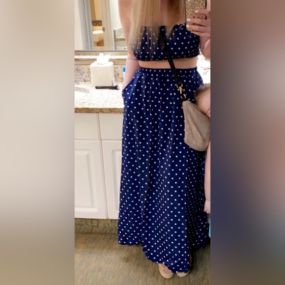 Dresses & Skirts - Navy Blue and White Polka Dot Two Piece Top and Skirt Set